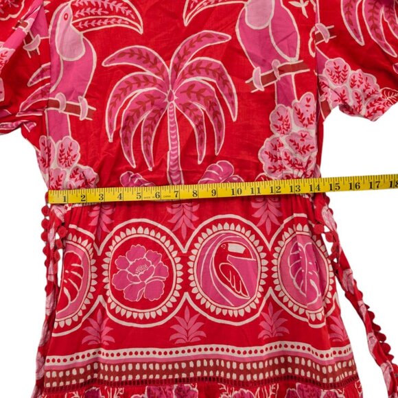 FARM Rio Summer Sunrise Midi Dress Red Short Sleeve Belted Back Cut Out Size S - Picture 10 of 13